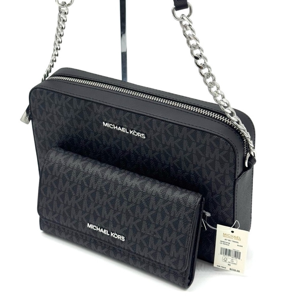 Michael Kors Large Jet Set Travel Logo Crossbody Bag & Matching Trifold Wallet - Picture 10 of 13
